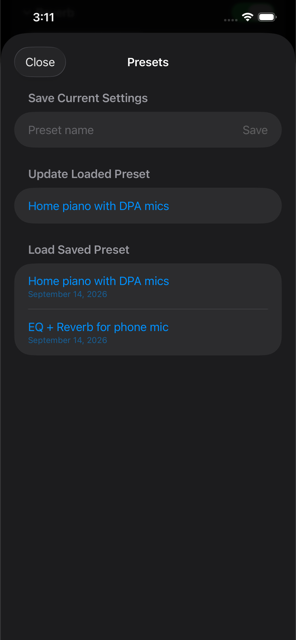 Saved presets list